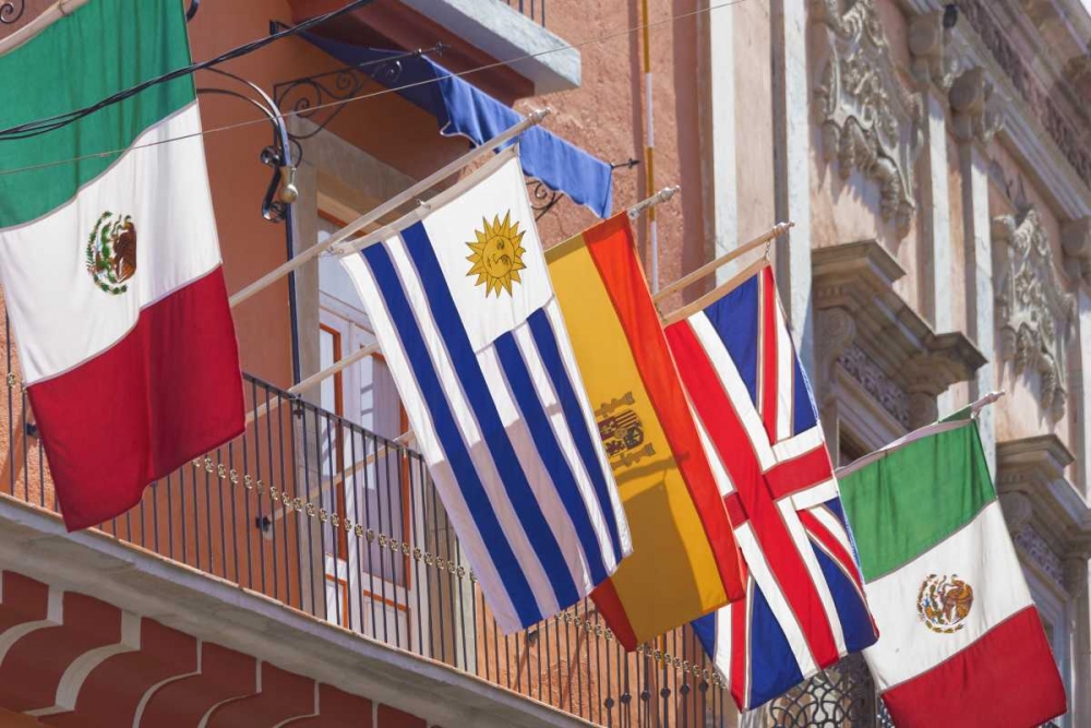 Mexico, Guanajuato Flags displayed from balcony